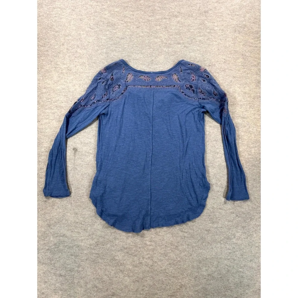 Free People Blouse Womens S Blue Viscose Paisley Lace Long Sleeve High Low Hem